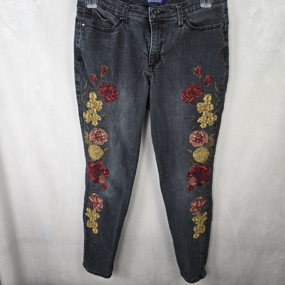 Bandolino Lisbeth Floral Embroidered Skinny Jeans Stretch Black Faded Womens 10